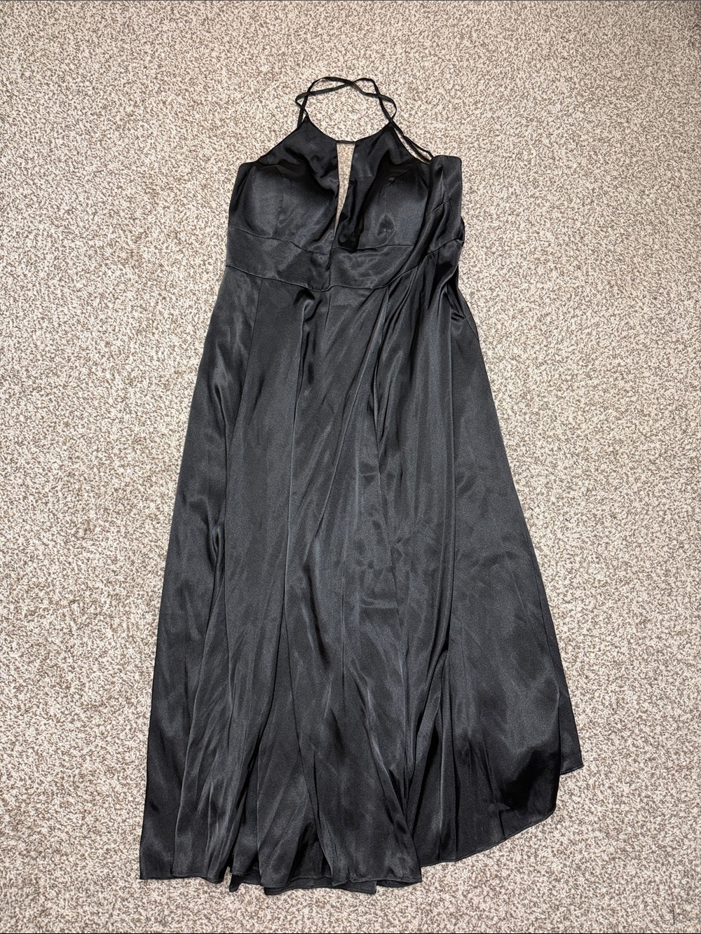 Davids Bridal Galina Signature Satin Black Halter Maxi Dress with Flowing Skirt